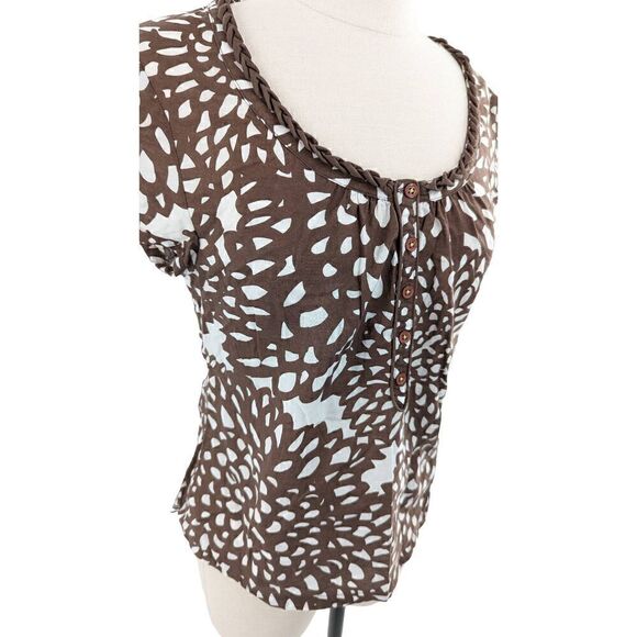 Boden Women Brown Puff Cap Short Sleeve Floral Print Cotton Blouse Size 4 - Picture 2 of 11